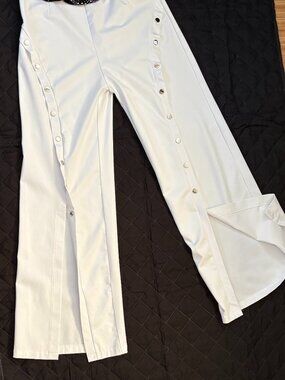 White Flare Pants Side Button Detail Stretch Minimal Chic Open Leg